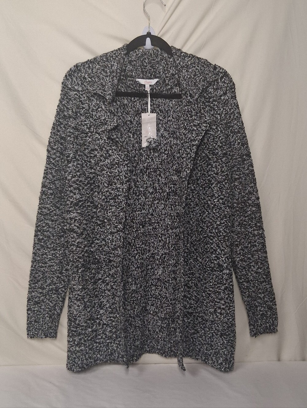 NEW Candie's Notch Collar Coat Large Open Front Black Knit Cardigan Long Sleeve